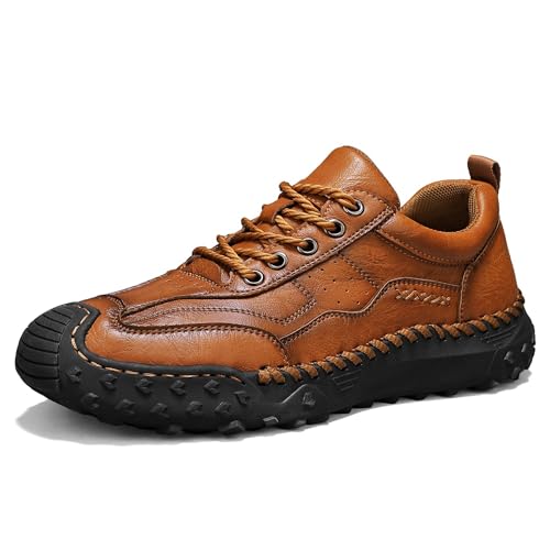 Coramtty Men's Handmade Casual Shoes Comfort Dress Loafers Lace-Up Outdoor Walking Driving Business Sneakers Light Brown 10