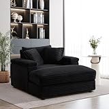 ATUMON 44' Oversized Corduroy Chaise Longue Indoor,Comfy Thicked Upholstered Pad Lounge Chair with Ottoman,Soild Wood Sleeper Reclining Chair,Deep Seat Couch for Living Room-Black