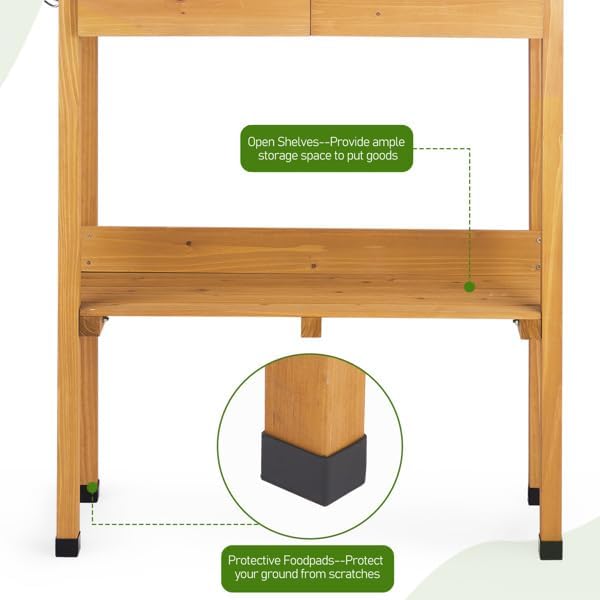 Outdoor Wooden Potting Bench Table for Garden, Metal Worktop Gardening Station with Storage Shelf, Drawers, Hooks, Natural Fir Planting Workbench