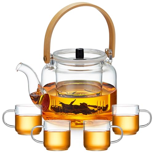 MESNEY Teekanne mit Siebeinsatz 1100ml – Teekanne Set mit 4 Tassen...