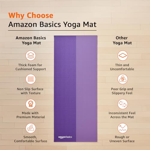 Image of Amazon Basics 6 MM Yoga Mat with Carry Strap | Grippy Surface | Anti-Slip Exercise Mat | PVC Material | Yoga Mat for Men & Women | Exercise Mat for Gym or Home | Purple