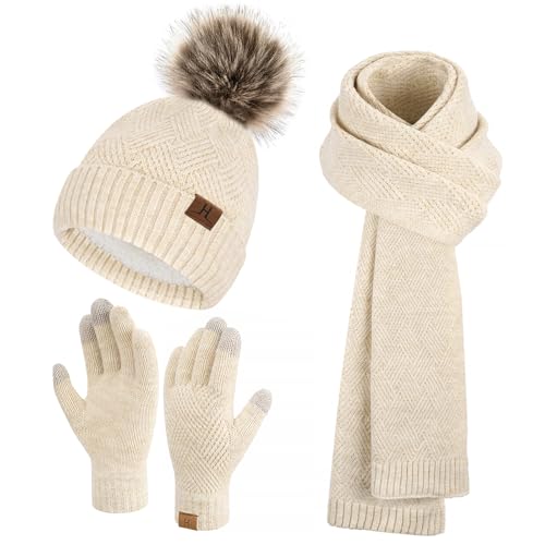 Womens Winter Warm Knit Beanie Hat Long Scarf Touchscreen Gloves Set with Fleece Lined Pom Skull Cap Gifts for Women Apricot -  FZ FANTASTIC ZONE, 88324hatscarfgloves-apricot