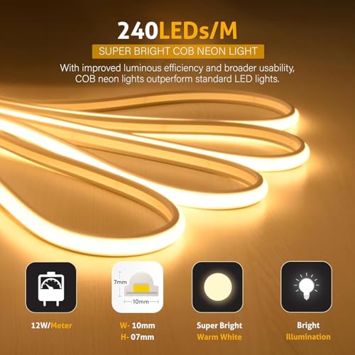 Image of MoonlitDreams 10 Meter LED Neon Strip Light, 10mm Warm White Waterproof Flexible 10M COB Neon Rope Light, Cuttable LED Strip for Indoor Outdoor Wall Decor, Home, Shop, Party & Festival Lighting