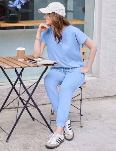 Ekouaer 2 Piece Set for Women Organic Cotton Joggers Sets Matching Tracksuit Set Cruise Travel Airport Beach Vacation Pants Set Blue XL — view 4