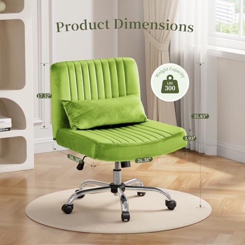 Image of Warmiehomy Criss Cross Desk Chair with Wheels, Velvet Cross Legged Office Chair for Home Office, Adjustable Swivel Wide Seat Computer Chair, Morden Vanity Chair, Glass Green