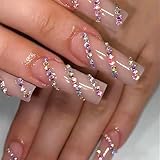 IMRAIN Rhinestone Press-on Nails: Long Square Fake Nails (Nude, Natural), Glossy Glue-on, Full Cover, Sparkling Squoval Acrylic False Nails - 24pcs Set