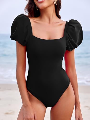 Saodimallsu Womens One Piece Swimsuit Short Puff Sleeve Square Neck Sexy Backless Tummy Control Bathing Suit2
