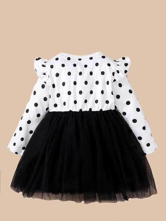 Image of OMLI Baby Floral Print Ruffle Trim Bow Front Mesh Hem Dress Round Neck Button Closure Mini Dress /Frock /OnePice /Party Dress for Baby Girls