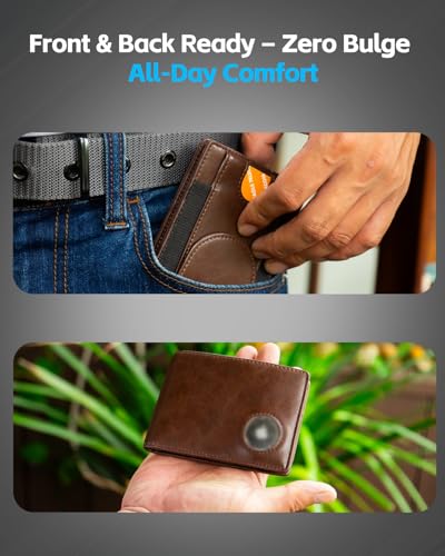 Slim Bifold Leather Wallet for Men: Up for 14 Cards with Hidden AirTag Holder, Bill Compartment & Front Pocket Design, Brown3