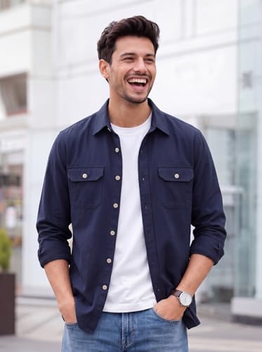 Image of Amazon Brand - INKAST Men's Cotton Blend Button Down Shirt | Long Sleeve Casual Lightweight Breathable Collared Shirts | Soft Comfortable Everyday Wear |Two Flap Chest Pockets |Using like Jacket Shirt