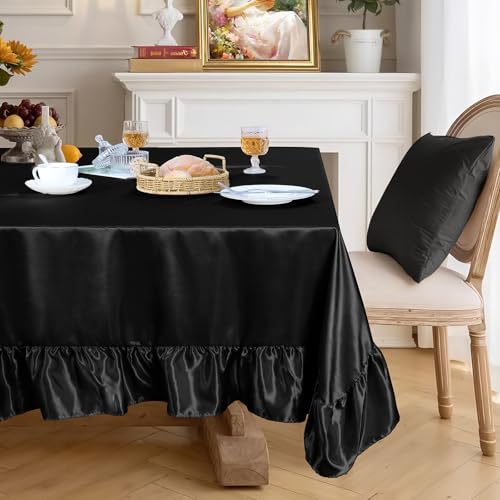Ersmak Satin Ruffle Edge Tablecloth - Black Satin Table Cover 60 x 102 Inch Rectangle Bright Silk Table Cloth for Weddings, Banquets, or Home Dining