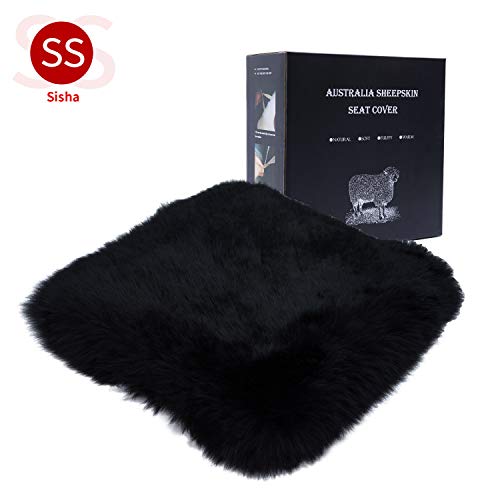 Sisha-A Sheepskin Seat Cushion Cover Winter Warm Natural Wool Car Seat Covers Universal Fit For Most Car, Truck, Suv, Or Van Front Black #TOP1