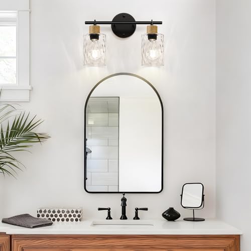 Image of MOKATNG Bathroom Light Fixtures, 2-Light Coastal Vanity Lights with Crystal Glass Shade, Brown and Gold Bathroom Wall Lamp for Mirror Kitchen Hallway Cabinet