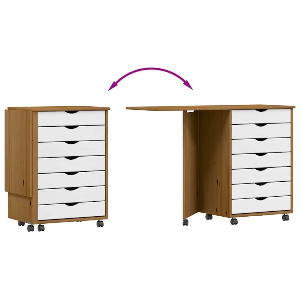 Moss - Armadio a rotelle con scrivania in legno di pino massiccio, segretario con 7 cassetti, tavolo pieghevole per ufficio e soggiorno, colore: marrone miele e bianco, 105,5 x 39 x 74,5 cm