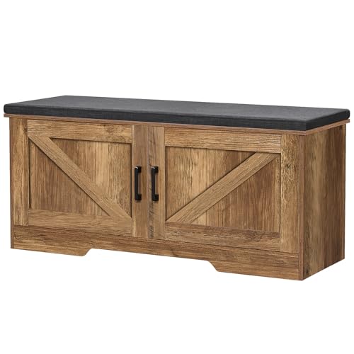 Image of HOMSHO Farmhouse Shoe Storage Bench with 2 Barn Doors & Padded Seat Cushion | 39.4 inch Wide Entryway Bench with Adjustable Shelves & Hidden Storage, Rustic Walnut