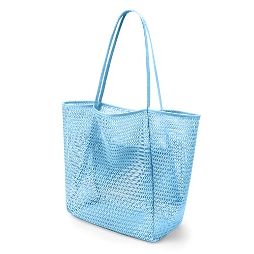 Sac de plage fourre-tout en maille bleu clair souple et ajouré style hobo