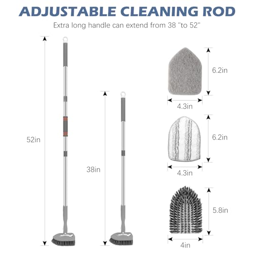 Image of SetSail Tile Tub Scrubber Brush 3-in-1 Shower Scrubber with Adjustable Long Handle Shower Cleaner Brush and 3 Detachable Replacement Brush Heads for Cleaning Bathroom Kitchen Walls Tub Tile,Grey