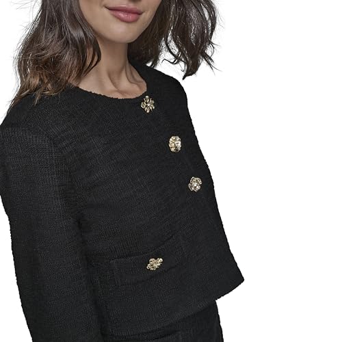 Image of Karl Lagerfeld Women's Long Sleeve Gold Buttoned Cropped Tweed Jacket