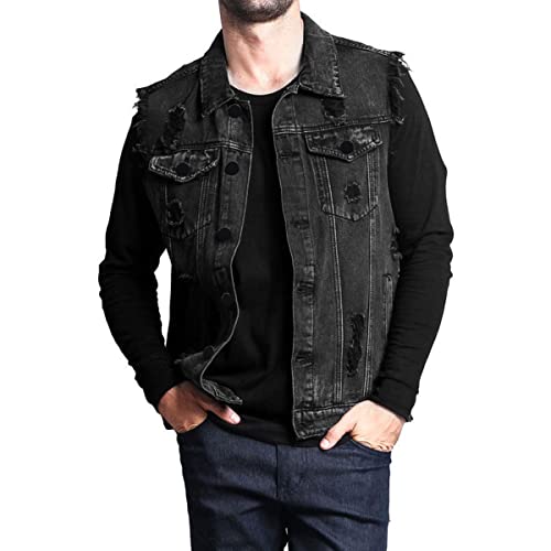 Iynnijoy Men's Denim Vest Destroyed Sleeveless Casual Cowboy Slim Waistcoat Pockets2