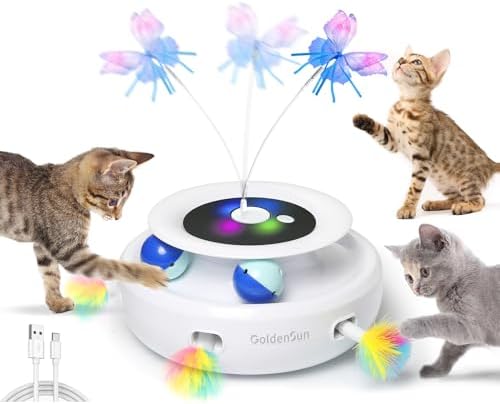 GoldenSun 3 in 1 Interaktives Katzenspielzeug, Elektrisch Automatischer Spielzeug für Katzen, Whack-A-Mole, Fluttering Butterfly, inklusive Ball, USB Wiederaufladbar Katzen Teaser
