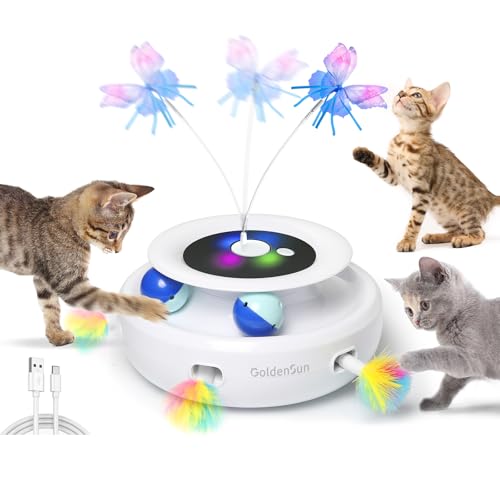 GoldenSun 3-In-1 Interactive Cat Toys for Indoor Cats Adult, Smart Cat Feather Toys, Rechargeable Power Cat Toys Balls & Handmade Butterfly Cat Toy, Teaser with 6 Attachments