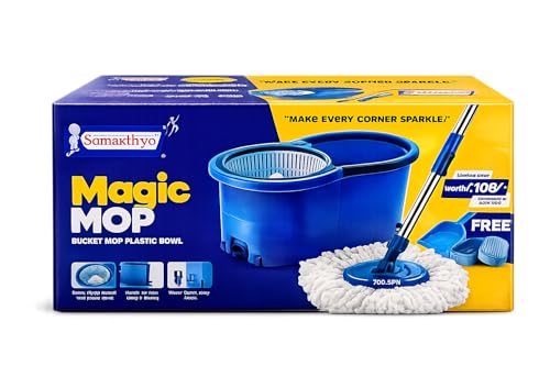 Image of Samarthya Magic Mop 360 Spin Mop with Twin Bucket, Wringer, Telescopic Stainless Steel Pole, 2 Microfiber Refills, Grey