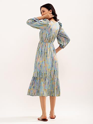Image of AASK Abstract Printed Puff Sleeve Gathered Detailed Fit Flare Dress
