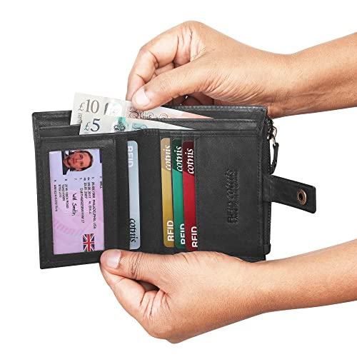 Image of Zipper Genuine Leather Wallet for Men, RFID Safe Full Grain Leather Handcrafted Front Pocket with Detachable Cardholder