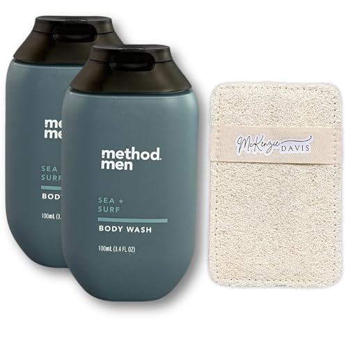McKenzie Davis, Method Men Body Wash, Travel Size Sea + Surf Scent, Paraben and Phthalate Free, 3.4 Fluid Ounce, Pack of 2, Bundle with deep cleaning Loofa Sponge