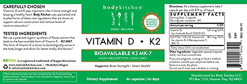 Body Kitchen Vegan Plant-Based Vitamin D3 + K2 (Mk7) Supplement, Bone And Heart Health, Non-Gmo, 5000 Iu Vitamin D & 180 Mcg Vitamin K2 Mk-7, Easy To Swallow Veggie Caps, 60 Count #TOP4
