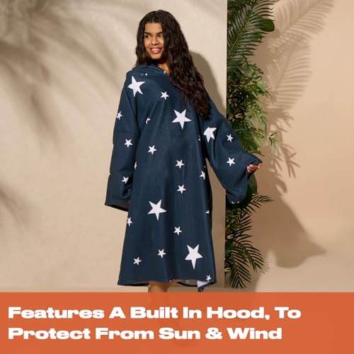 Dreamscene Star Poncho Towel Adult Hooded Oversized Bath Beach Surf Absorbent Microfiber Quick Dry Womens Changing Robe, Navy Blue - Adult Hooded Towel One Size