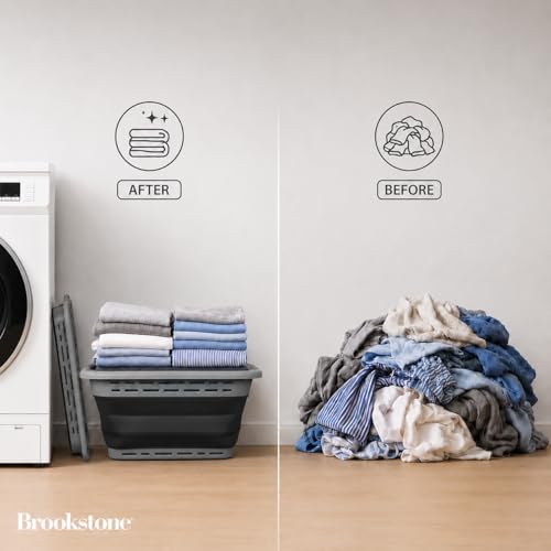 Image of BROOKSTONE 11 GALLON XL 24 inch Collapsible Laundry Basket & Clothes Hamper, Comfort Non-Slip Handles, Modern Laundry Hamper with Space Saving Design, Portable Pop-Up Hamper, BPA FREE, Grey, 1 Pack