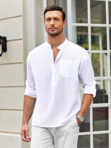 Mens Cotton Linen Henley Button Down Shirts Casual Long Sleeve Summer Beach Shirt Hawaii T-Shirt
