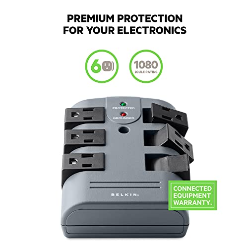 Belkin Power Strip Surge Protector - 6 Rotating Ac Multiple Outlets, Flat Pivot Plug - Heavy Duty Wall Outlet Extender For Home, Office, Travel, Computer Desktop & Phone Charging Brick (1,080 Joules) #TOP2