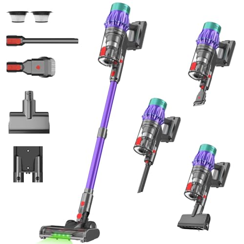 Image of Cordless Stick Vacuum Cleaner, 650W 55KPA Up to 70Min Runtime, Green Light Anti-Tangle Brush, 7-Stage HEPA Filtration, Lightweight for Pet Hair Carpet Hard Floors (Purple)