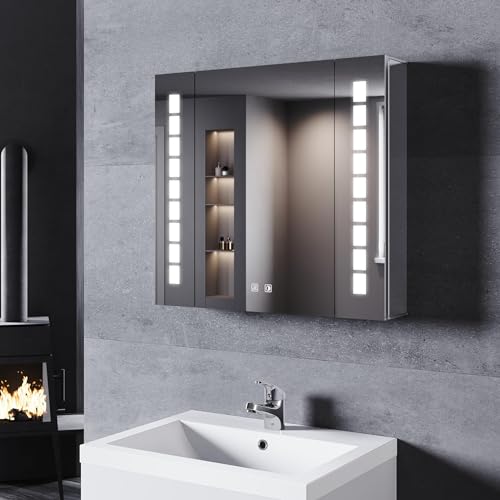 SONNI Armario Espejo Baño con Luz 65 x 60 cm Bisagra Conductora Antivaho y Interruptor Táctil,Espejo de Baño con Armario y LED,Aluminio y Enchufe para Afeitadora