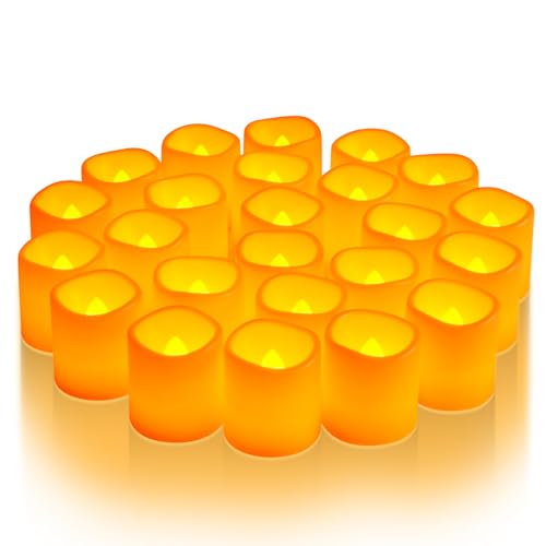 Image of Homemory 12 Pack Orange Flameless Flickering LED Votive Tealights Candles | Battery operated, warm white glow, orange shell, 1.5 inchD x 1.6 inchH, for halloween, thanksgiving & fall harvest decor