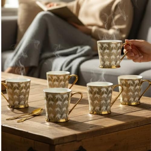 Image of Clay Craft Fine Ceramic Tea Cups Set of 6| 180 Ml Gold Print Cups with Handle | Elegant Design for Tea| Coffee| Home| Office & Gifting