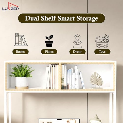 Image of Lukzer Study Table with Open Bookshelf | MST-010 /White & White | Engineered Wood with Metal Frame Desk | Modern & Space Saving Computer Workstation with Hutch for Home Office (143x83x50 cm)
