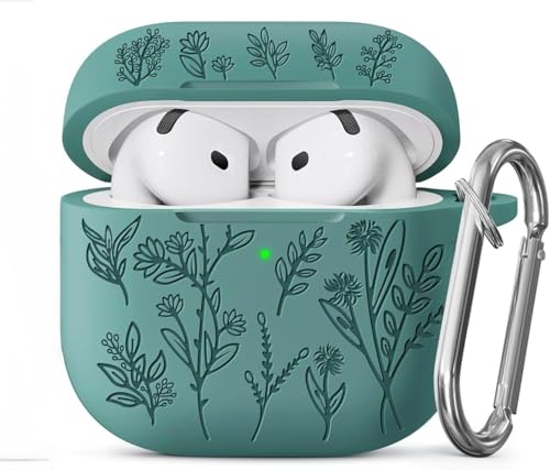 Image of Meyaar Silicone Case for AirPods 4 Floral Embossed, Flower Engraved Soft Silicone Cover with Keychain, Anti-Scratch, Shockproof Protective Case Cover (Pine Green, for AirPods 4 (2024)