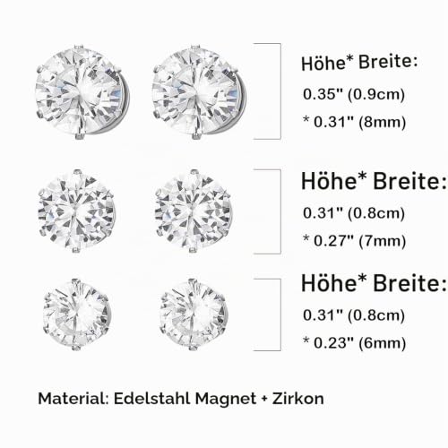 Foto von JewelryWe Magnet Ohrringe Magnetische Ohrstecker: 3 Paare Set Silber Ohrclips für Herren Damen Edelstahl Rund Zirkonia Magnetohrringe Fake Plug Tunnel Non-piercing Clips Ohne Ohrloch 6-8mm