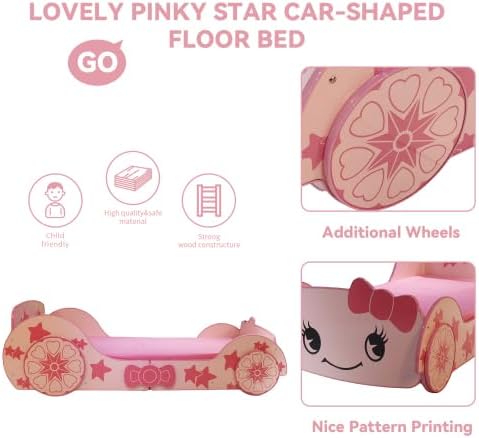 Little Star Cartoon Pink Cute Girl Children's car Bed with Wheels Decoration