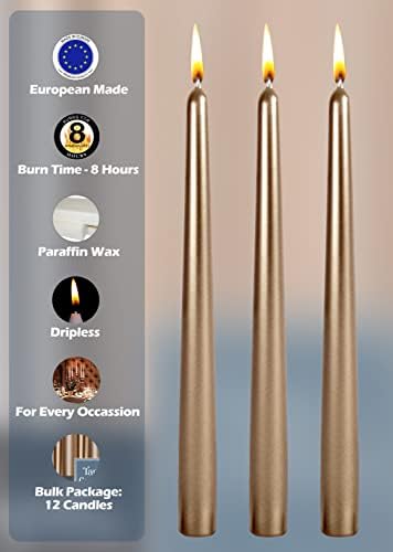 Hyoola Metallic Antique Gold Taper Candles - 250 mm (10 Inch) Unscented Dripless Taper Candles - 8 Hour Burn Time - 12 Pack