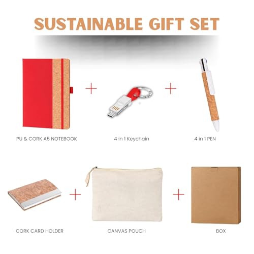 Image of 4 in 1 Diary Gift Set | A5 Cork Notebook | Stainless Steel Visiting Card Holder | 3-in-1 Charging Cable | Cork Pen & Canvas Pouch | Premium Eco-Friendly Gift Set for Professionals & Corporate Gifting | Gift Set for Men and Women