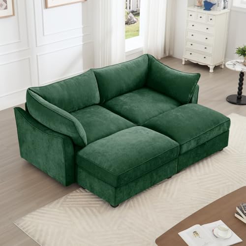 DaiNNCN Loveseat Cloud Sofa with 2 Footstools and Pull Out Storage Drawer Under Each Seat, Modern Chenille 2-Seat Sofa Couch with 2 Movable Ottomans, Green
