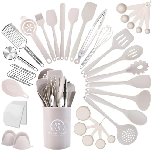 Omtofo Utensili Cucina Silicone, 43 pezzi set di utensili da cucina, senza BPA, resistenti al calore, con porta utensili, Lavabile In Lavastoviglie, Kaki