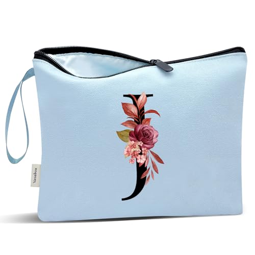Image of Vavabox A-Z Personalized Makeup Bag, Birthday Gifts for Women Mom, Gifts for Best Friend, Bride Bridesmaid Cosmetic bag (J, Blue)