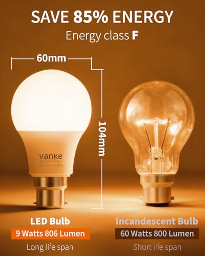 Vanke Bayonet Light Bulb 60w Equivalent, B22 LED Bulbs Warm White 2700K, Non-Dimmable 9w Energy Saver Lightbulb, 806 Lumen, 3-Pack - Image 2