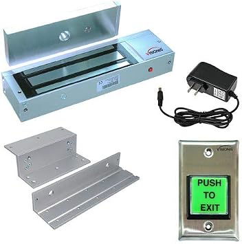 Visionis FPC-7325 VIS-ML1200LED Indoor Electromagnetic Lock 1200lbs for in Swinging Door with VIS-7000 Green LED Push to Exit Button NC, COM, NO Outputs for Access Control, 2 Amp Power Supply