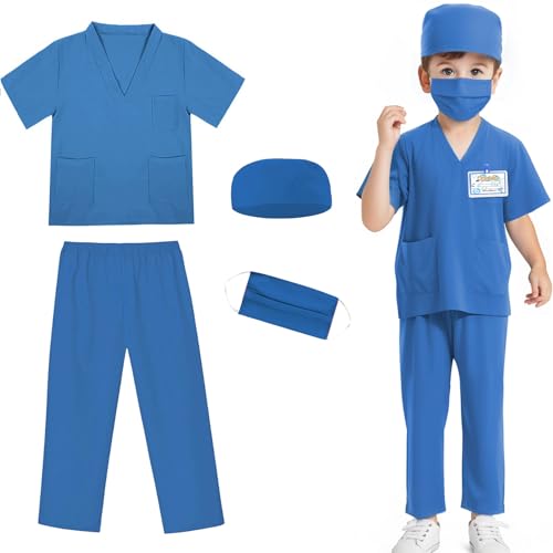 Mizzuco Doctor Costume for Kids,Toddler Nurse Scrubs Halloween Dress Up Cosplay For Boys Girls 3-12 Years (Blue, XXXL-160CM/10-12yrs)